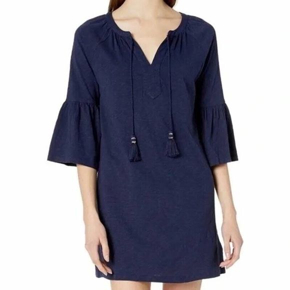 Lilly Pulitzer De Lago Tasstled Dress Flare sleeves Navy Blue Cotton Modal - Picture 3 of 10